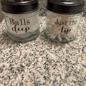 Humorous Glass Makeup Organizer Jars with Black Lids